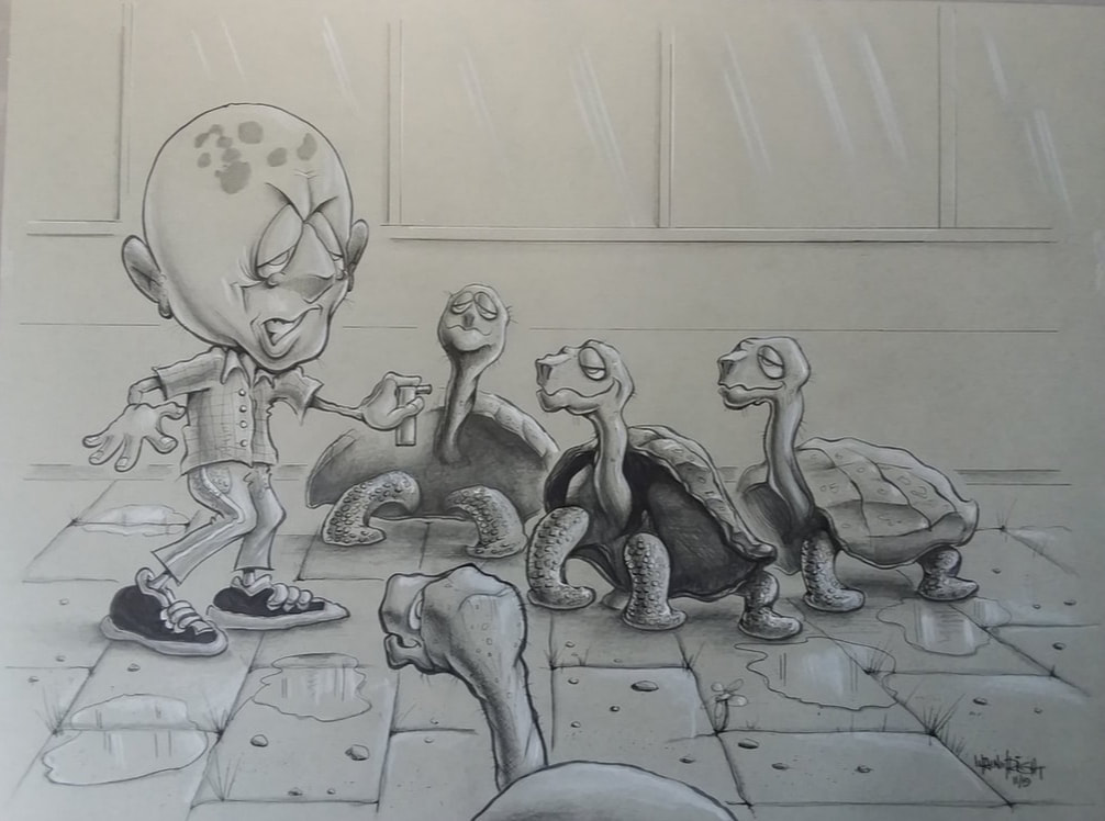 Comic of turtles surround old man with Galapagos Island shaped age spots